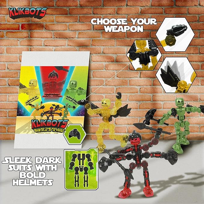 Zing Klikbot Galaxy Pack, Set of 3 Poseable Action Figures with Weapons, Includes 1 Hero (Ice), 1 Villain (Maze) and 1 Guardian (Scorpion), Stop Motion Animation Figure, Great for Kids Ages 6 and Up