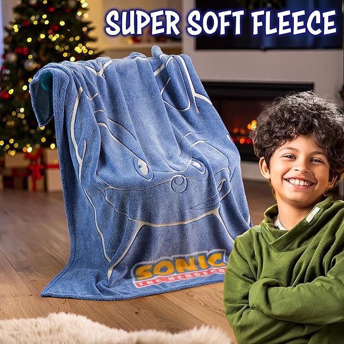 Sonic The Hedgehog Glow in The Dark Throw Blanket 51x59” for Kids, Soft Fleece Throw Blanket for Sofa Bed, Gamer Gifts for Kids (Blue Sonic)