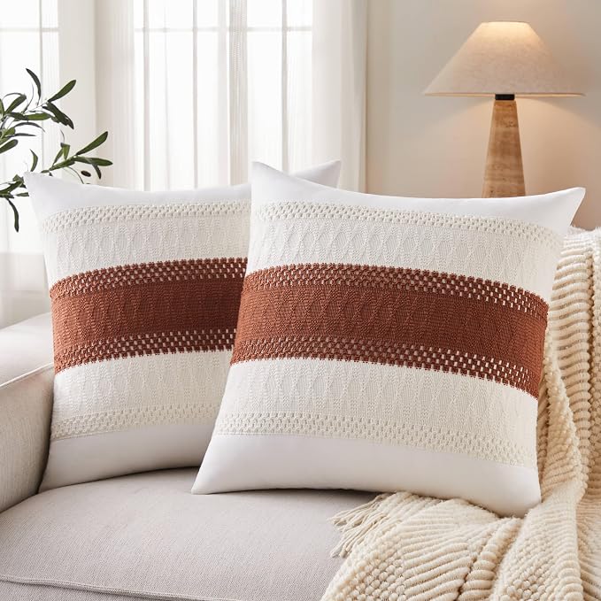 2pk Boho Pillow Covers 24x24, Natural White/Contrast/Terracota | 100% Organic Cotton Body, Stripe Embroidery, Farmhouse Decorative Cushion Covers for Sofa Bed Living Room Home Decor