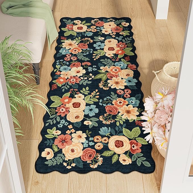 DUKINO 2x5 Washable Runner Rug, Floral Non Slip Kitchen Rug, Navy Blue | Soft, Low Pile, Non-Shedding Throw Rug Runner for Hallway, Entryway, Bedroom, Bathroom, Pet Friendly, Home Decor, Lightweight