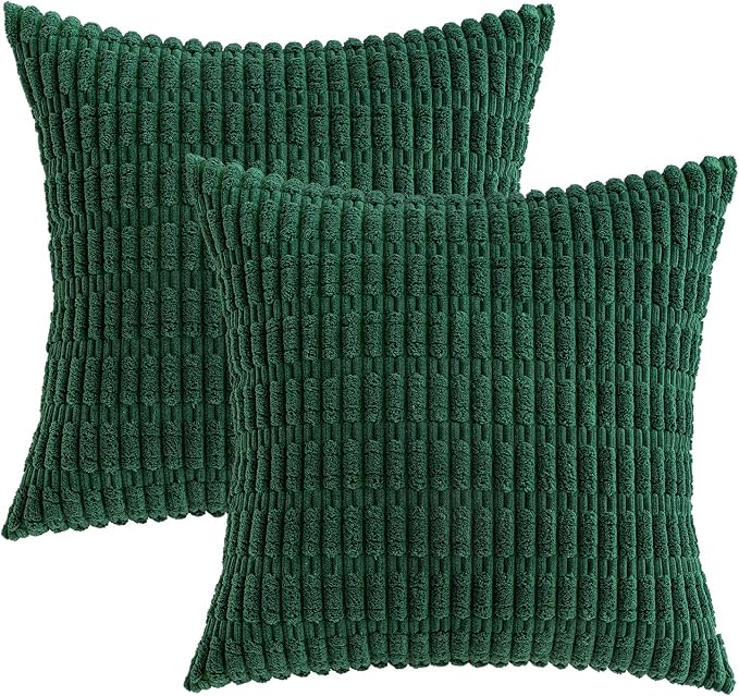 MIULEE Corduroy Decorative Throw Pillow Covers 18x18 Dark Green Pack of 2 | Soft Boho Striped Pillow Covers Modern Farmhouse Home Decor For Sofa Living Room Couch Bed