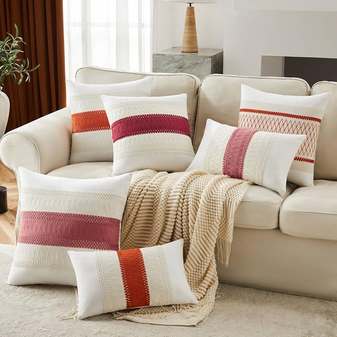 2pk Boho Pillow Covers 24x24, Natural White/Contrast/Red | 100% Organic Cotton Body, Stripe Embroidery, Farmhouse Decorative Cushion Covers for Sofa Bed Living Room Home Decor
