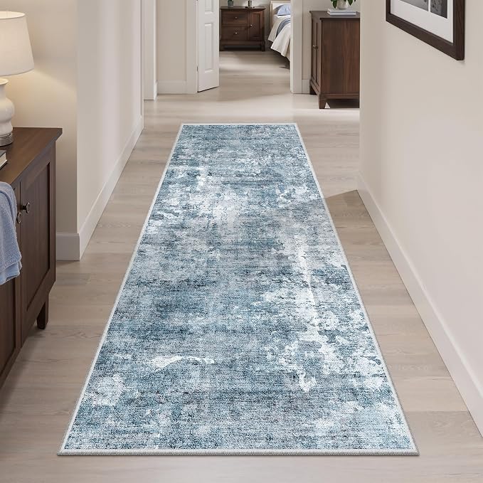 Soalmost Abstratc Runner Rug 2x6 Washable Kitchen Hallway Runners Blue/Grey | Non-Slip Low-Pile Rugs for Entry Bathroom Laundry Room, Vintage Foldable Floor Carpet Mat Entryway for Corridor Bedroom