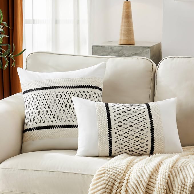 2pk Boho Pillow Covers 20x20, Natural White/Grid/Black | 100% Organic Cotton Body, Stripe Embroidery, Farmhouse Decorative Cushion Covers for Sofa Bed Living Room Home Decor