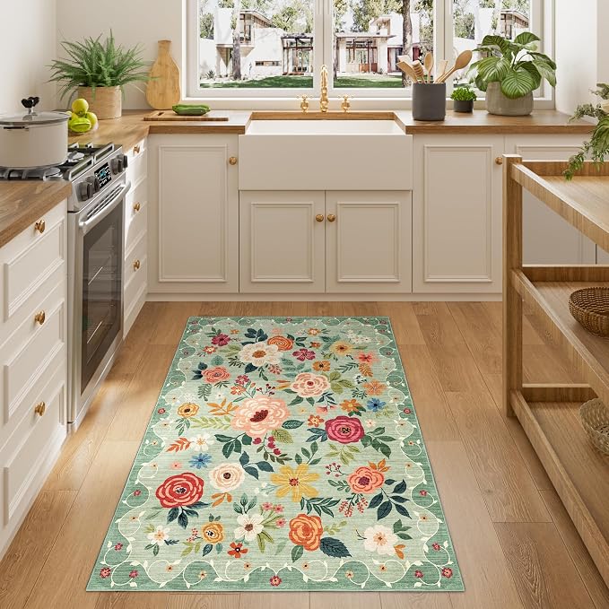 DUKINO 3x4 Area Rug, Floral Washable Rug for Kitchen Non Slip, Green | Low Pile, Soft, Stain Resistant Indoor Rug for Entryway, Bedroom, Bathroom, Laundry, Pet Friendly, Home Decor, Lightweight