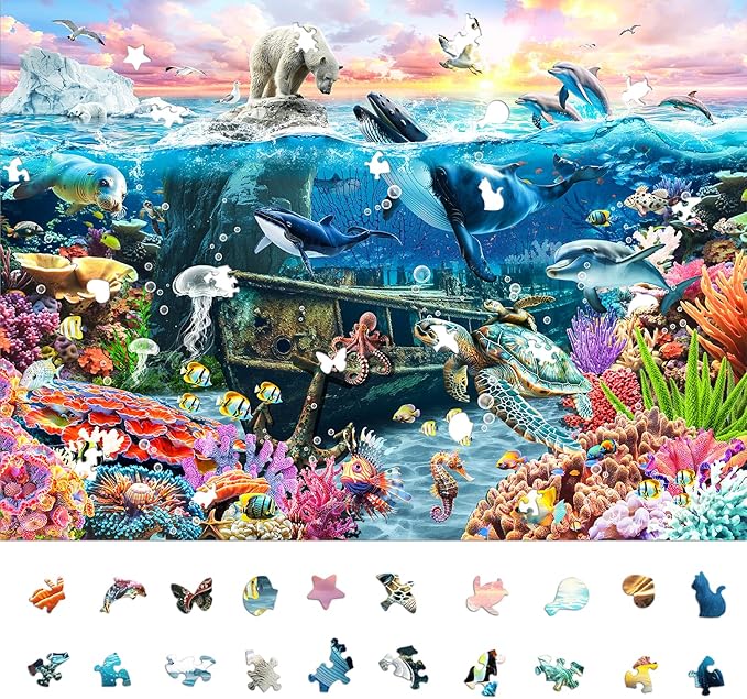 1000 Piece Jigsaw Puzzle for Adults - Underwater Ocean Scene with Unique Shaped Pieces, Color-Coded Backing, and Textured Finish - Fun, Challenging, and Gift-Ready Puzzle, Size 26.6 x 19.2 in