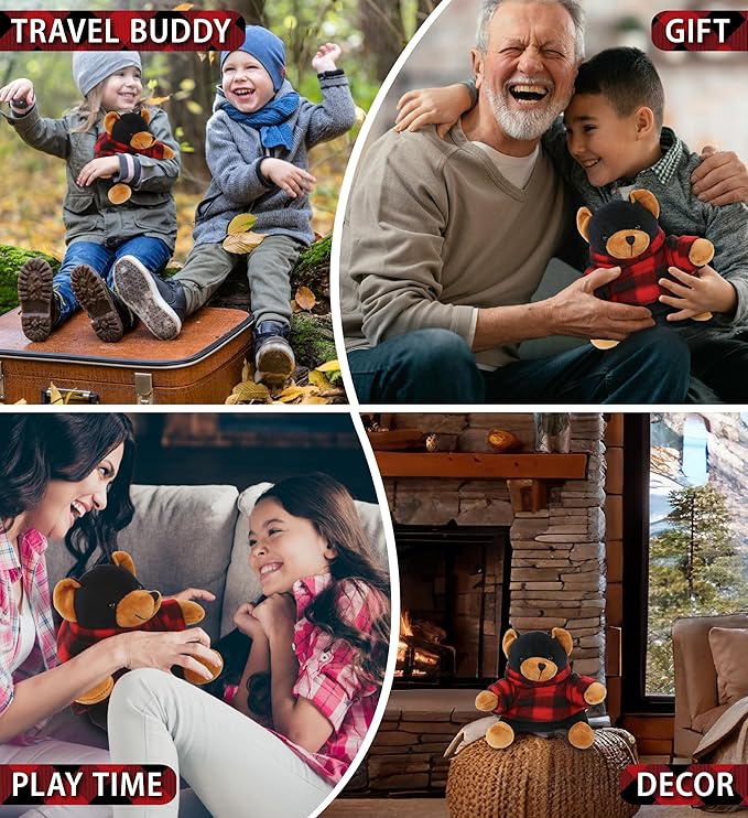 DolliBu Super Soft Black Bear Stuffed Animal with Plaid Red Hoodie Sweater and Personalization - Bear Plush Lumberjack Stuffed Toy with Plaid Jacket Dress Up for Christmas, Holiday, Winter - 6 Inches