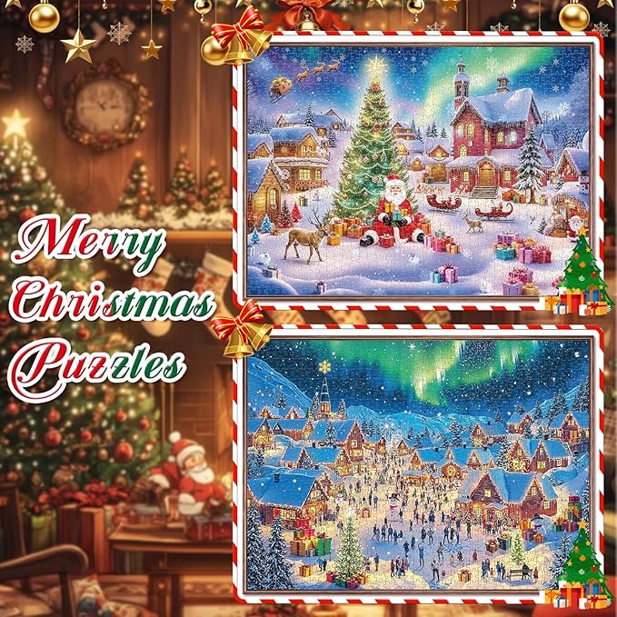 Christmas Puzzles 1000 Pieces for Adults,Jigsaw Puzzles 2 Pack - Challenging Christmas Games, Shimmering Northern Lights & Santa Scene, Christmas vaction Family Night Activity, Winter Wall Art Decor