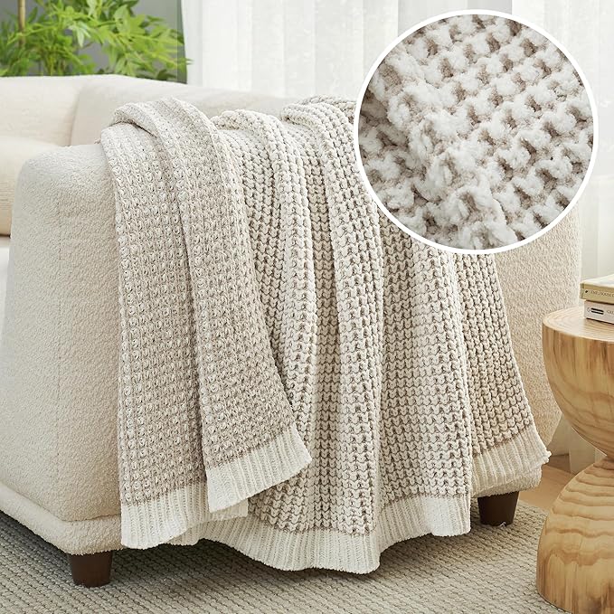 Knit Throw Blanket, Soft Chenille Cozy Breathable Pineapple Chunky Decorative Blanket for Couch, Bed & Sofa, French-Inspired Lightweight Warm Gift for Women, Beige, 50"x60"