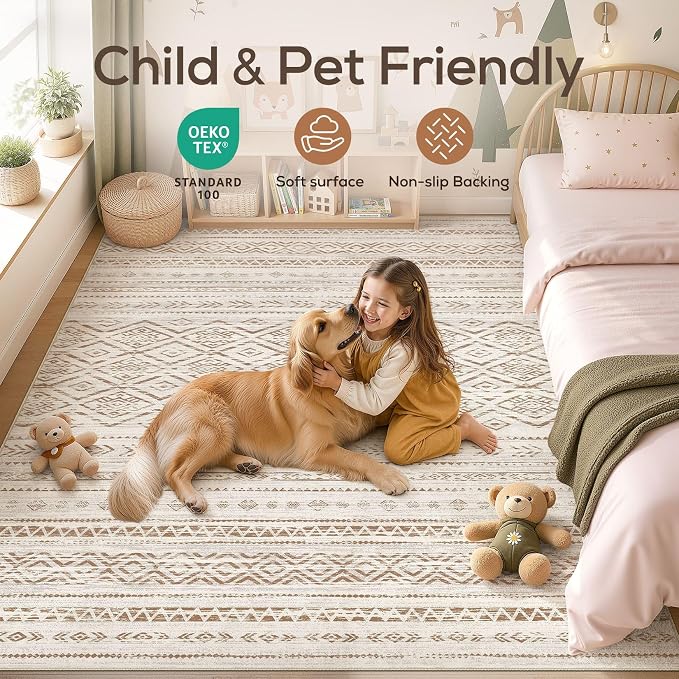 Nakagishi Area Rug Living Room Rugs: 10x14 Large Soft Machine Washable Boho Moroccan FarmNeutral Stain Resistant Indoor Floor Carpet for Bedroom Under Dining Table Home Office Decor-Brown