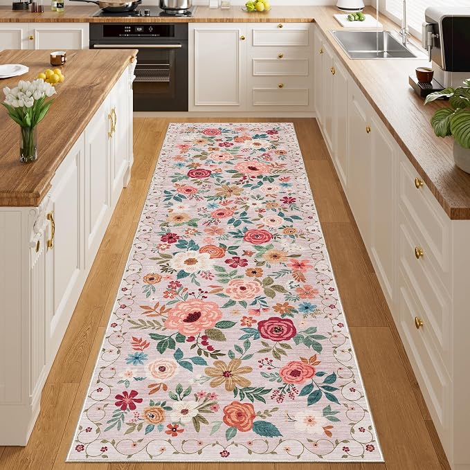 DUKINO 2x10 Runner Rug, Floral Washable Kitchen Runner Rug Non Slip, Beige | Soft, Low Pile, Stain Resistant Indoor Rug Runner for Hallway, Entryway, Bedroom, Bathroom, Laundry, Pet Friendly, Home Decor