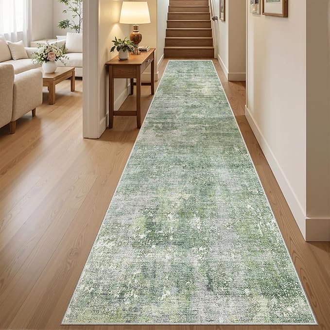 Soalmost Abstract Runner Rug 2x12 Hallway Kitchen Runners Green/Ivory | Vintage Washable Rugs for Bathroom Laundry Room, Low Pile Stain Resistant Floor Carpet Mat Entryway Corridor Bedroom
