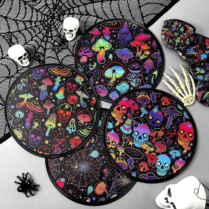 Gejoy 24 Pcs Foldable Fan Mushrooms and Skulls Foldable Fan Style Summer Flower Handheld Round Folding Fan for Men Women Rave Fan for EDM Music Festival Club Rave Accessories Party Favors Decorations