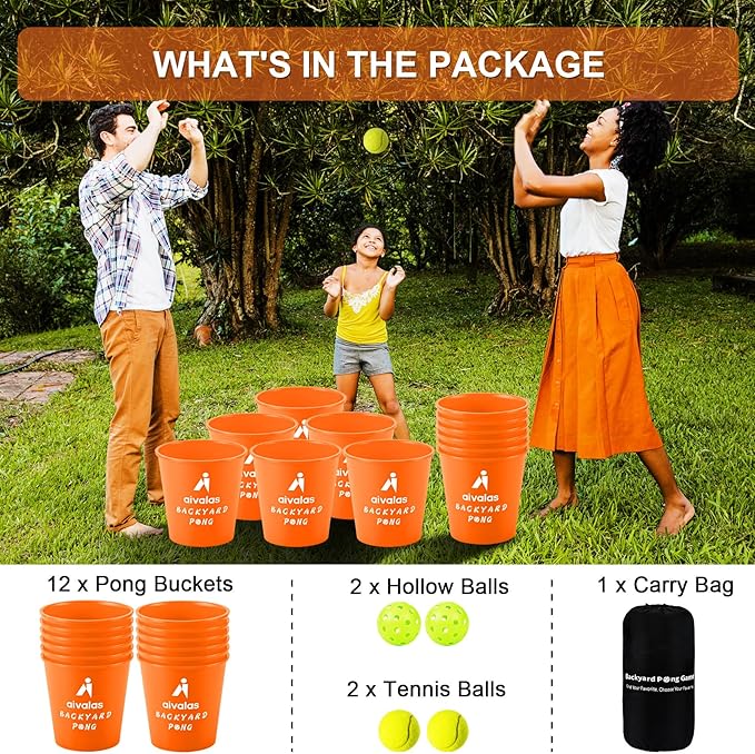 Aivalas Yard Pong Outdoor Games, Giant Yard Games Set with 12 Buckets and Balls for Adults and Family, Toss Game Throwing Games for Beach, Camping, Lawn and Backyard