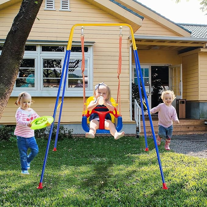 3 in 1 Toddler Swing with Frame, Outdoor Indoor, Baby Swing with Safety Belt for Indoor and Outdoor Use, Foldable Metal Stand & Clear Instructions, Easy to Assemble