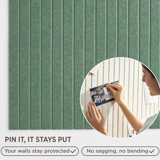 Felt Bulletin Board Tiles 48"x36" - 12-Pack Cork Board Alternative, OEKO-TEX Certified, NRC 0.95 Acoustic Felt Wall Panels, Damage-Free Adhesive, Slatted Design, Home Office & Classroom (Palm)