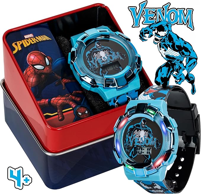 Marvel Venom Kids Watch – Light-Up Bezel with Rotating Lights, LCD Display, Easy-to-Read, Adjustable Plastic Strap – Perfect for Boys and Girls
