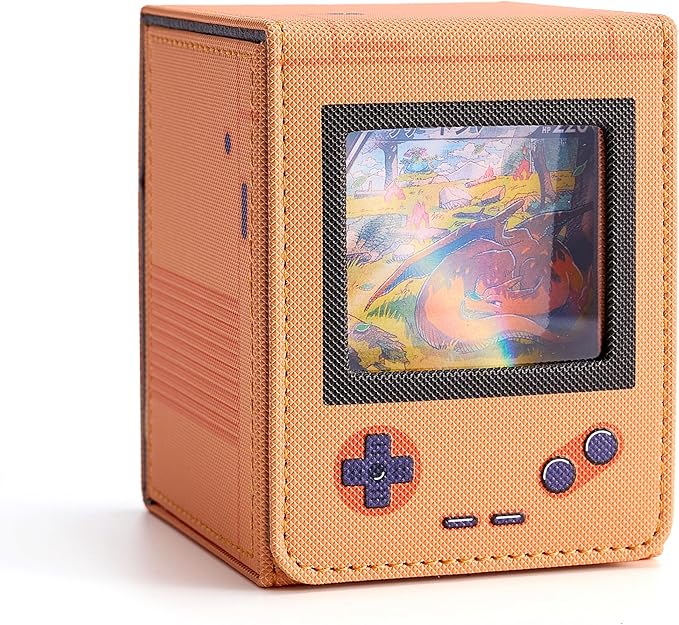 Retro Gaming Console Appearance MTG Deck Box with Commander Display, Card Deck Case Fit 120 Single Sleeved Cards, PU Leather Magnetic Card Storage Box with 2 Dividers, Compatible with TCG/PTCG(Orange)