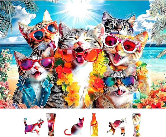 Cat 500-Piece Jigsaw Puzzle for Adults - Fun Beach Party Scene with Sunglasses & Leis - Unique Home Decor & Gift Idea - 23x15 Inch