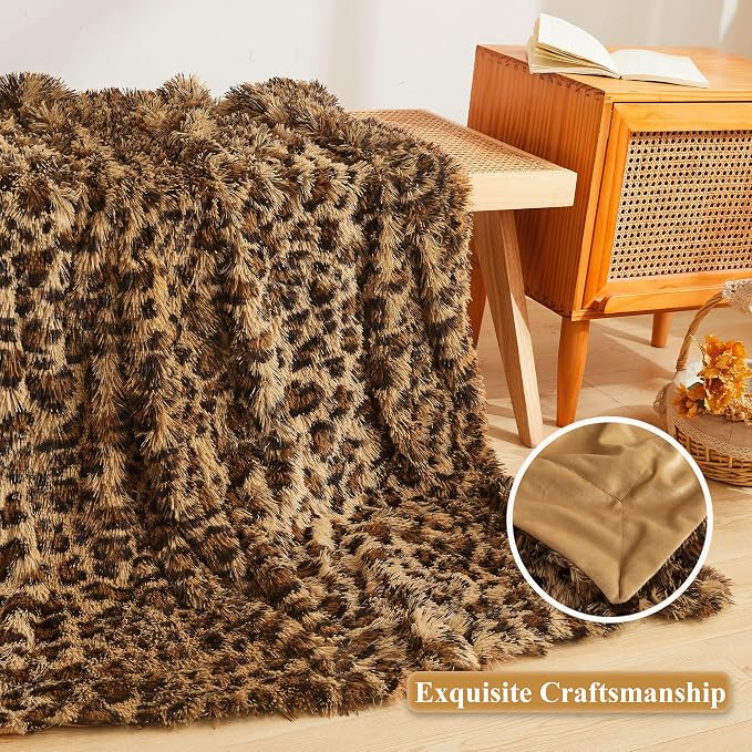 XeGe Luxury Faux Fur Leopard Print Throw, Soft 50x60 Cheetah Print Fluffy Blanket, Shaggy Plush Decorative Couch Throw, Cute Furry Fuzzy Animal Print Blanket for Sofa Bed, Brown