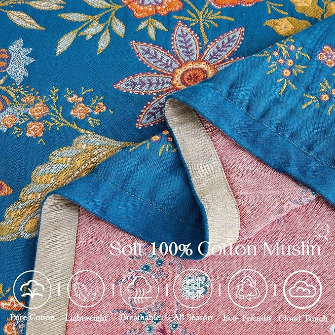 XIBLC Fall Throw Blanket for Couch, Blue Boho Decorative Throw Blanket, 100% Cotton Muslin Breathable Woven Farmhouse Blankets Quilt, 50"x60" Reversible Lightweight Blankets Bohemian Throw Quilt