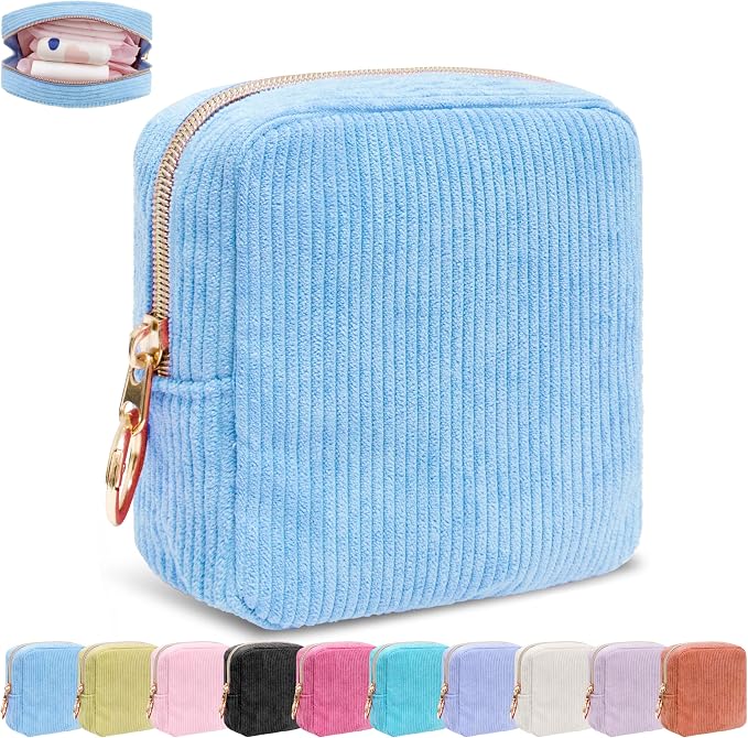 Period Bag for Girls, Corduroy Sanitary Napkin Storage Bag, Period Pouch & Tampon Holder, Feminine Care Organizer, Blue