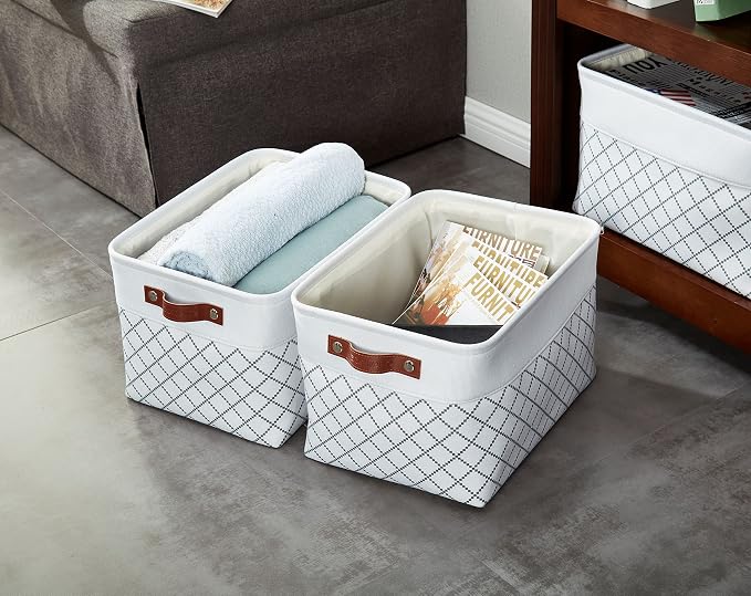 DECOMOMO Storage Bins, Large Fabric Storage Baskets for Shelves 3 Pack | 15 x 11 x 9.5 inches Decorative Linen Closet Organizers with Handles (Checkered White)