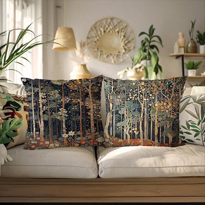 Rustic William Morris Inspired Autumn Forest Pillow Covers 20x20 Set of 2, Fall Home Room Decor, Vintage Botanical NatureDecorative Throw Pillow Covers for Home Bedroom Living Room