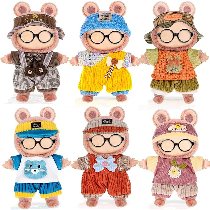 ebuddy 6 Pack Doll Clothes Set for 17cm Plush Dolls - Charming Outfit Set Adorable Doll Clothing Collection (No Doll No Glasses)