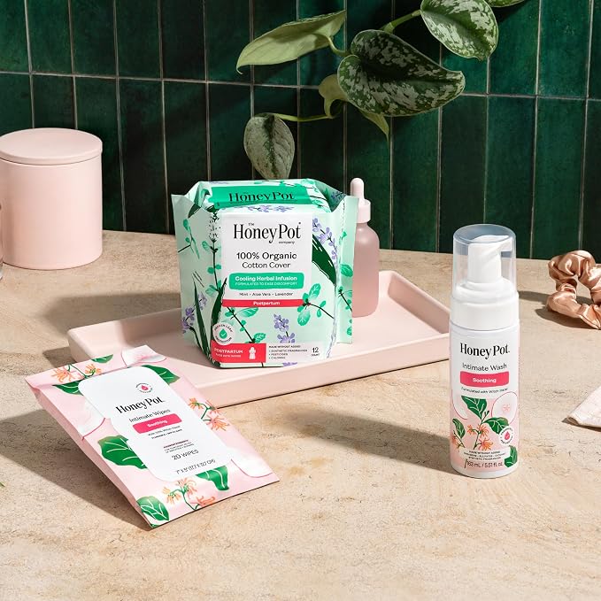 The Honey Pot Company - Feminine Wipes - Soothing Witch Hazel - Postpartum Essentials, Herbal Infused w/Witch Hazel, Ginger, and Rose - Flushable Wipes, Pregnancy Safe, pH Feminine Care - 20ct