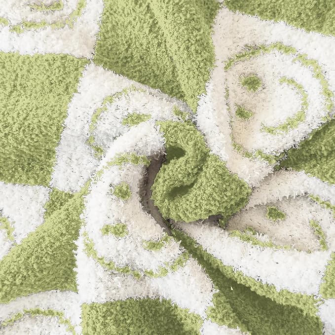 Pack of 2 Ultra Soft Cozy Happy Smiling Face Checkered Knitted Throw Pillow Cover Fluffy Microfiber pillocase Decorative for Sofa Bed 18 Inches Both Sides (Green)