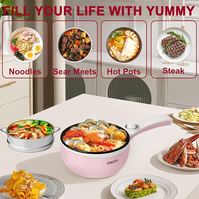 Dezin Electric Pot with Steamer, 1.5L Non-Stick Portable Hot Pot Electric | Dual Power, Upgraded 600W Electric Pot for Cooking Steak, Egg, Soup, Ramen Cooker for Dorm, Travel, RV, Office, Pink Pan