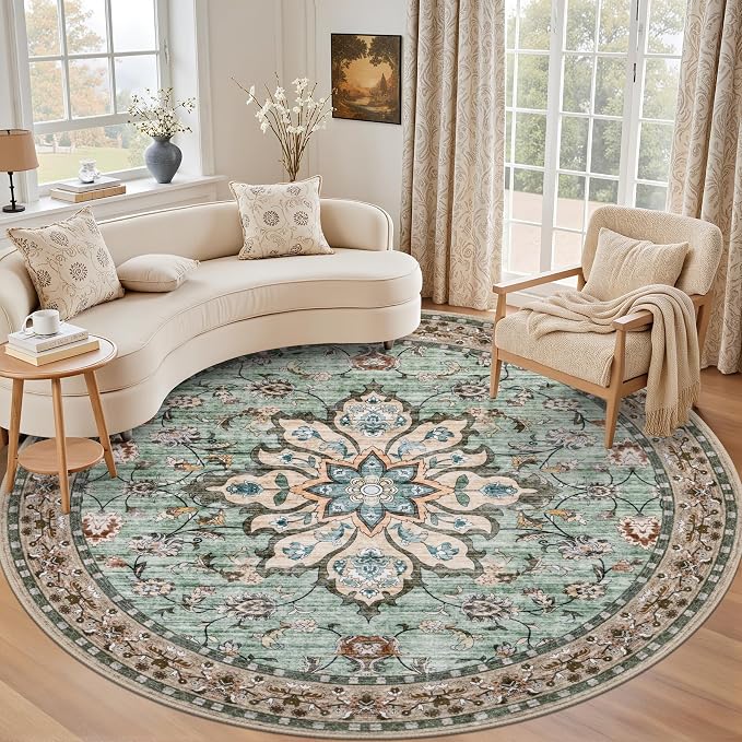 Round Area Rug for Living Room: 6ft Washable Vintage Boho Soft Thin Circle Rug Indoor Floor No Slip Stain Resistant Carpet for Bedroom Dining Room Farmhouse Nursery Home Office - Brown Green