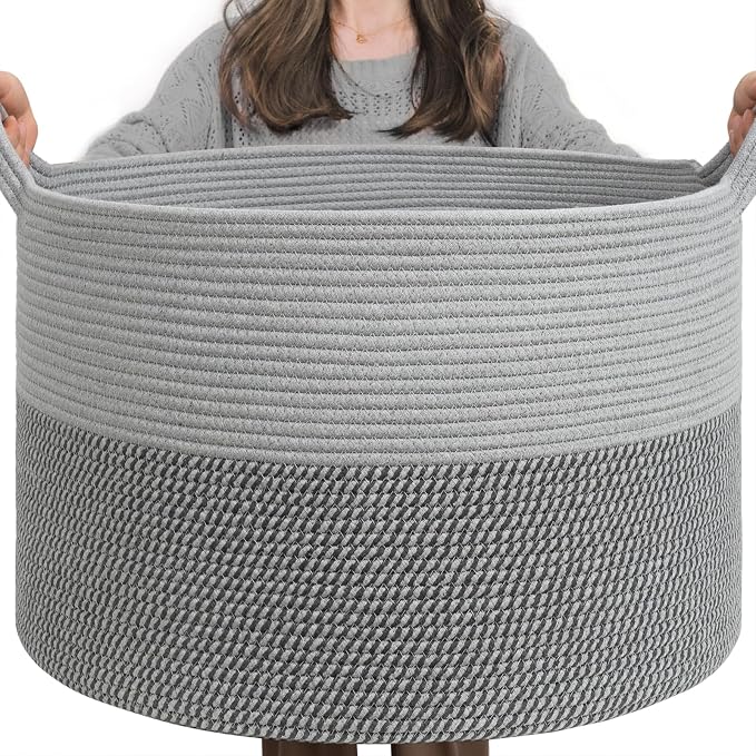 INDRESSME XXXLarge Woven Rope Blanket Basket Living Room Grey, 90L | 21.7" x 13.8" Storage baskets for toys laundry & pillows. Fits living room, bedroom or nursery décor. Soft-touch with handles