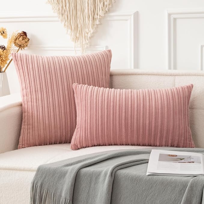 UGASA 12x24 Inch Pillow Cover Pack of 1 Valentine's Day Soft Boho Stripe Corduroy Long Rectangular Lumbar Cushion Cover Decorative Throw Pillows for Bed, Couch, Sofa, Bedroom, Living Room, Baby Pink