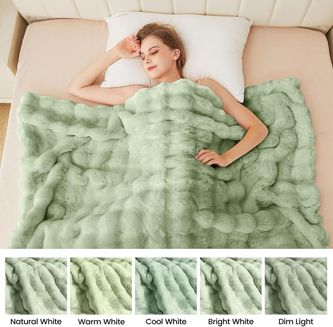 ORINOVA Sage Green Throw Blanket for Couch, 50x60 Ultra Soft Faux Rabbit Fur, Fuzzy Fluffy Plush Bubble Texture, Cozy Warm Reversible Sofa and Bed Cover, Living Room Decor, Gifts for Women
