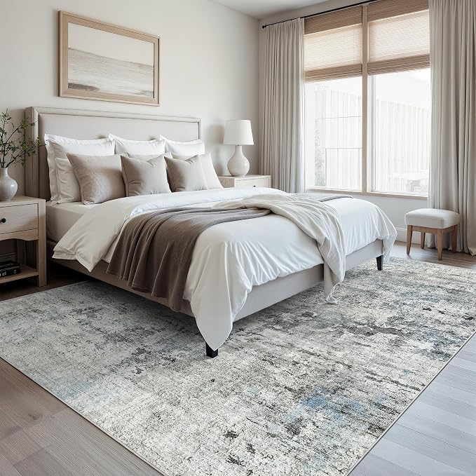Soalmost Abstract Rug 8x10 Large Living Room Area Rugs Washable Gray/Blue | Modern Non-Slip Carpet for Dining Bedroom, Stain Resistant Foldable Thin Low Pile Floor Mat Under Table Home Office Decor