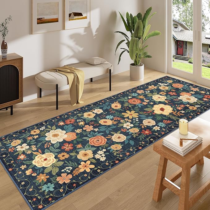 DUKINO 3x8 Kitchen Runner Rug, Washable Rug for Hallway Non Slip, Navy Blue | Soft, Low Pile, Floral Indoor Carpet Runner for Hallway, Entryway, Bedroom, Bathroom, Laundry, Pet Friendly, Home Decor