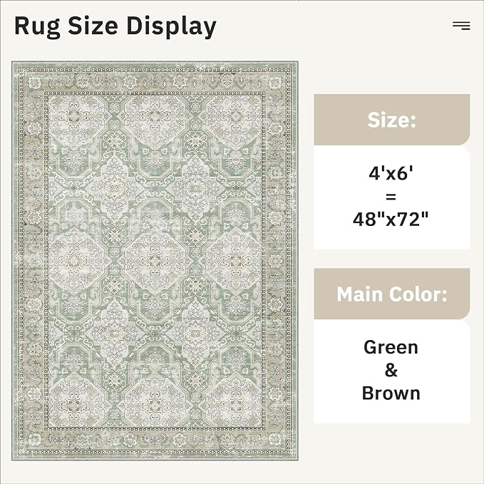 Soalmost 4x6 Area Rug for Living Room, Washable Rugs Non-Slip, Green/Brown | Vintage Low-Pile Carpet for Dining Bedroom, Thin Foldable Stain Resistant Floor Mat Nursery Under Table Home Office Decor