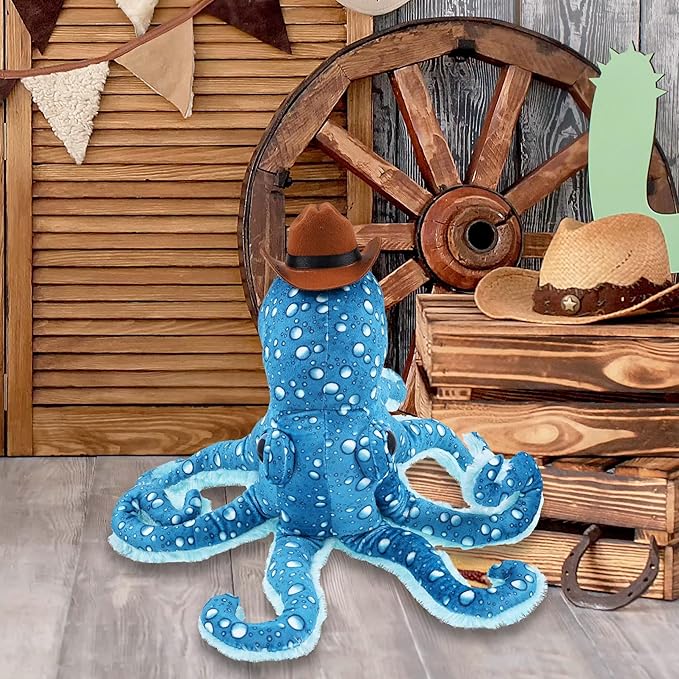 DolliBu Blue Octopus Stuffed Animal Cowboy Hat Plush with Name Personalization - Western-Themed Octopus Plush with Cute Cowboy Costume Hat - 16 Inches