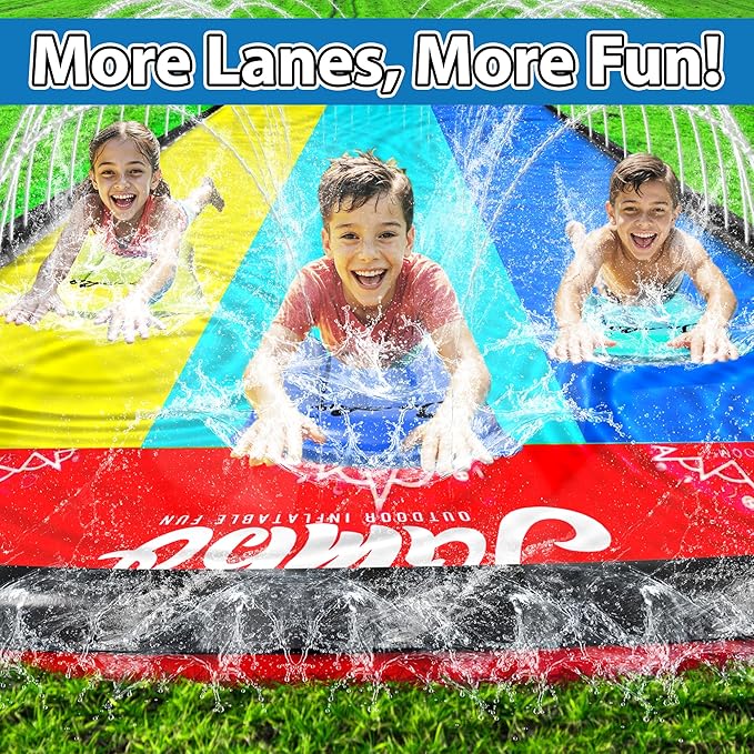JAMBO XL 20Ft Premium 3 Lane Slip Splash and Slide with 3 Bodyboards, Heavy Duty Water Slide- Advanced 3-Way Water Sprinkler System, Backyard Waterslide Outdoor Water Toys n Slides for Kids
