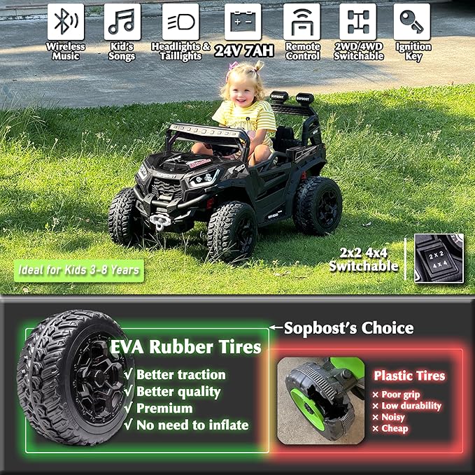sopbost 24V Ride On Car with Remote Control, 4x4 Rdie On Toy for Kids, Battery Powered Electric Vehicles, 2WD/4WD Switchable, EVA Tires Wheels, Single-Seater, Music Play (Black)