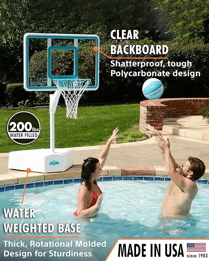 Dunn-Rite Splash & Shoot Outdoor Adjustable Height Swimming Pool Basketball Hoop w/Ball, Base, & 18 Inch Stainless Steel Rim, Made in USA, Clear