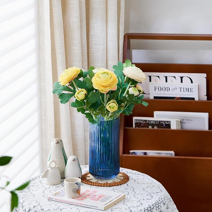 7.5 inch Blue Glass Flower Vase for Pampas Grass, Medium Decorative Centerpiece Ribbed Vase for Dining Table, Office Desktop, Shelf Bookshelf, Mantel, Entryway, Bathroom, Countertop,Gift