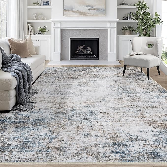 9x12 Area Rugs for Living Room Rug Washable: Abstract Large Rug for Dining Room Bedroom Carpet Non Slip 9 by 12 Indoor Modern Nursery Home Office White Brown Blue
