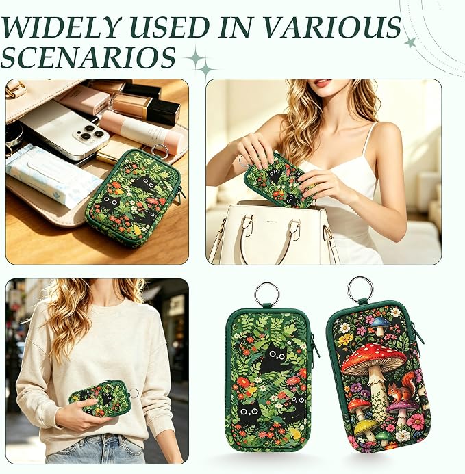 KJQJLY 2 Pack Portable Tampon Organizer Bag Tampon Holder & Storage Case with Zipper for Travel, Discreet Period Bag for Purse, Waterproof Feminine Products Pouch for Women (Cats & Squirrels)