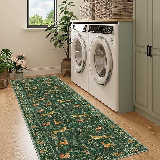 DUKINO 2x7 Runner Rug for Hallway, Washable Kitchen Rugs Non Slip, Green | Low Pile, Stain Resistant, Animal Indoor Carpet Runner for Hallway, Entryway, Bedroom, Bathroom, Lightweight, Pet Friendly