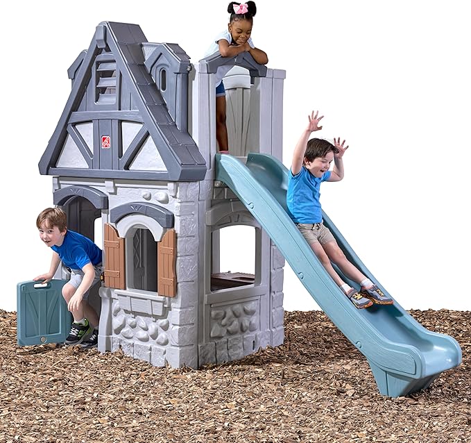 Step2 Enchanting Adventures 2-Story Kids Playhouse, Outdoor Playhouse with Kitchenette & Slide, Rock Climbing Wall, Made of Durable Plastice, For Toddlers 4-8 Years Old