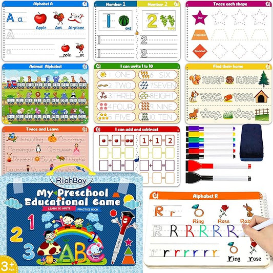 RichBoy Dry Erase Workbooks, Activity Books with Tracing, Coloring, Drawing and More, All-in-one Reusable Handwriting Practice, Preschool Learning Activities, Educational Toys for Kids Ages 3-5