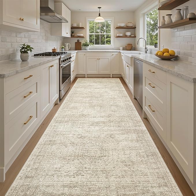 Soalmost Washable 4x10 Hallway Runner Rug Non-Slip Kitchen Entry Rugs Beige | Vintage Wide Runners for Living Dining Room Entryway, Stain Resistant Low-Pile Long Floor Carpet 10ft for Corridor Bedroom